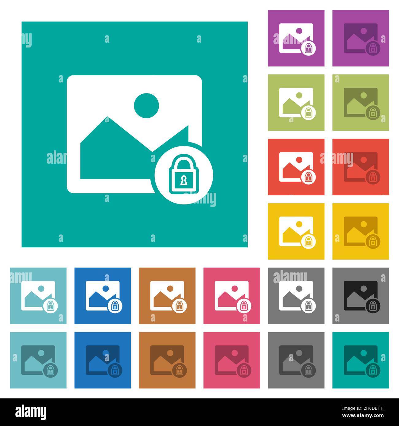 Locked image multi colored flat icons on plain square backgrounds. Included white and darker icon variations for hover or active effects. Stock Vector