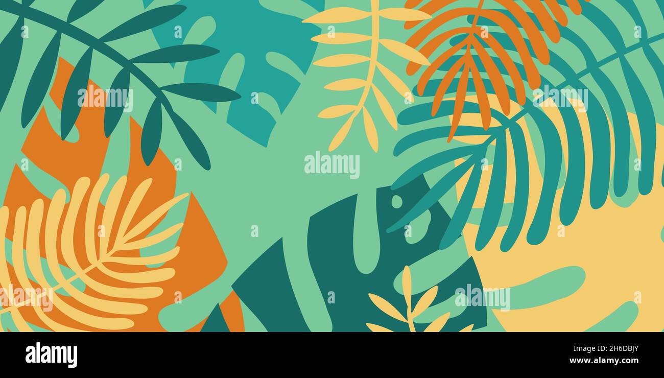 Tropical background, yellow green monstera palm leaf, copy space vector. Composition of tropical leaves Stock Vector