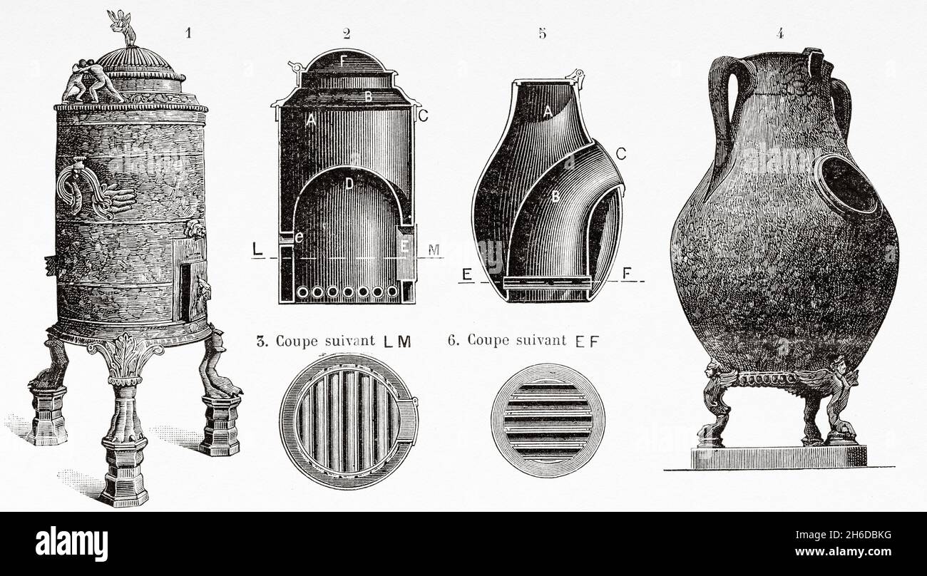 1st century A.D. Bronze cylindrical food warmer. Pompei Tubular Grill Kettles. Old 19th century engraved illustration from La Nature 1897 Stock Photo