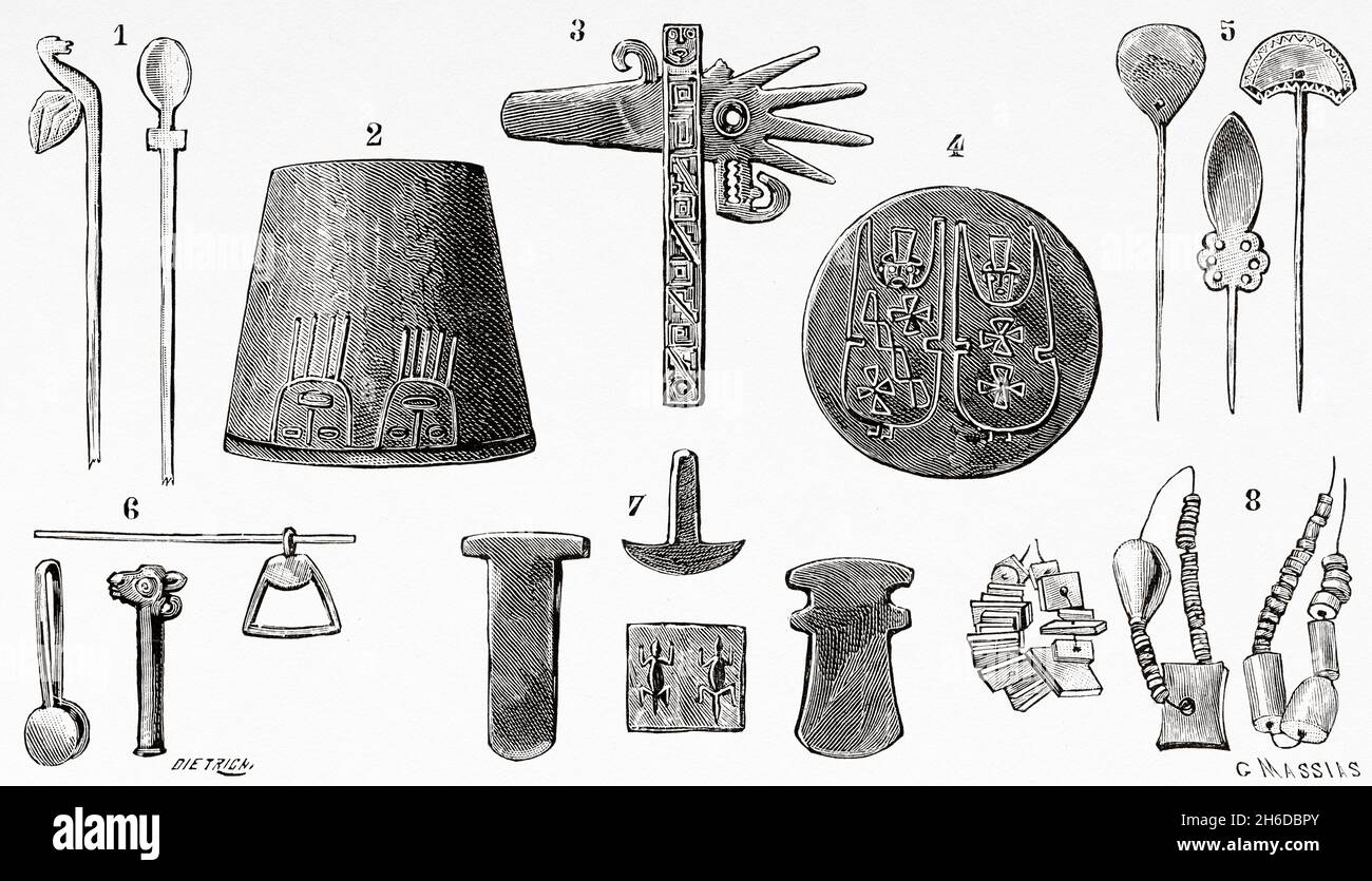 The primitive peoples, prehistoric cemeteries of Argentina. 1.5 Pins of mantises or hairstyles. 2 Bell. 3 Scepter. 4 Sound plate. 6 Staples. 7 Bronze axes and pectoral palque. 8 Necklaces. Old 19th century engraved illustration from La Nature 1897 Stock Photo