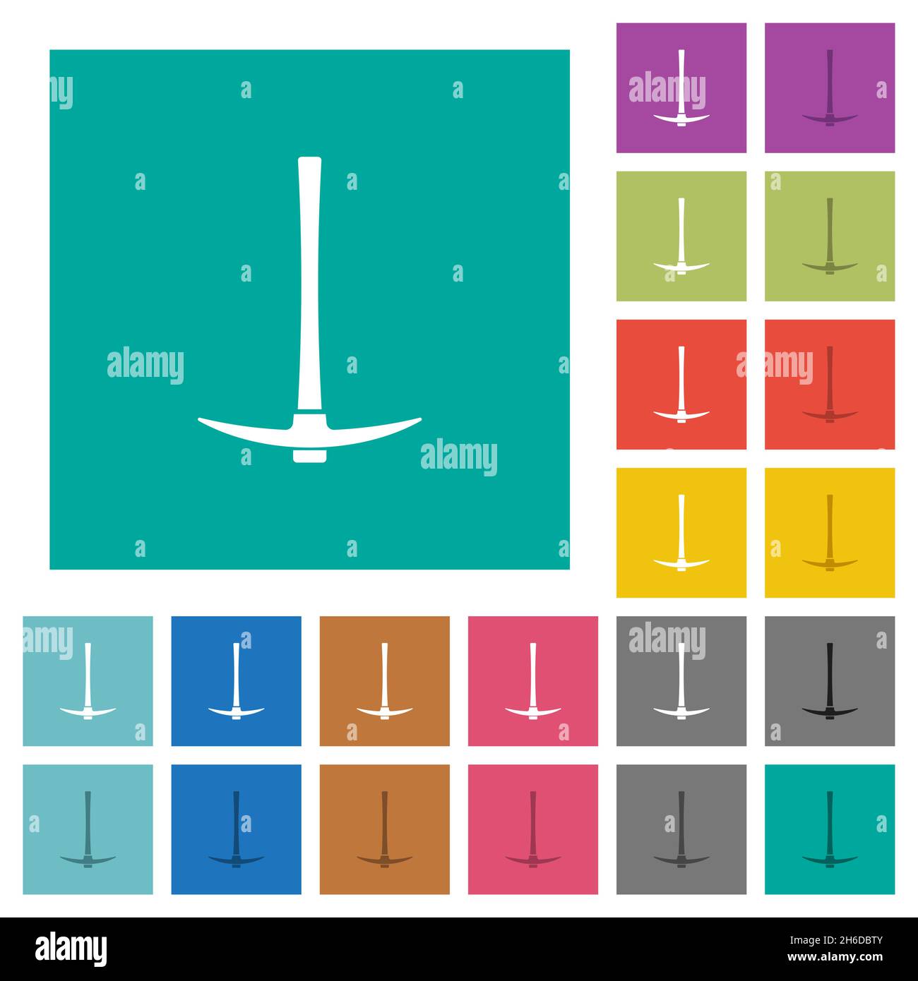 Single pickaxe multi colored flat icons on plain square backgrounds. Included white and darker icon variations for hover or active effects. Stock Vector