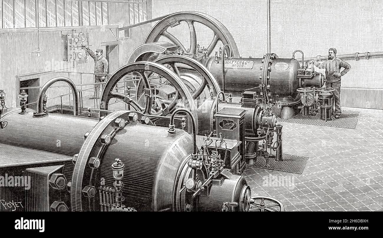 Transmission of driving force. Interior view of the engine room where