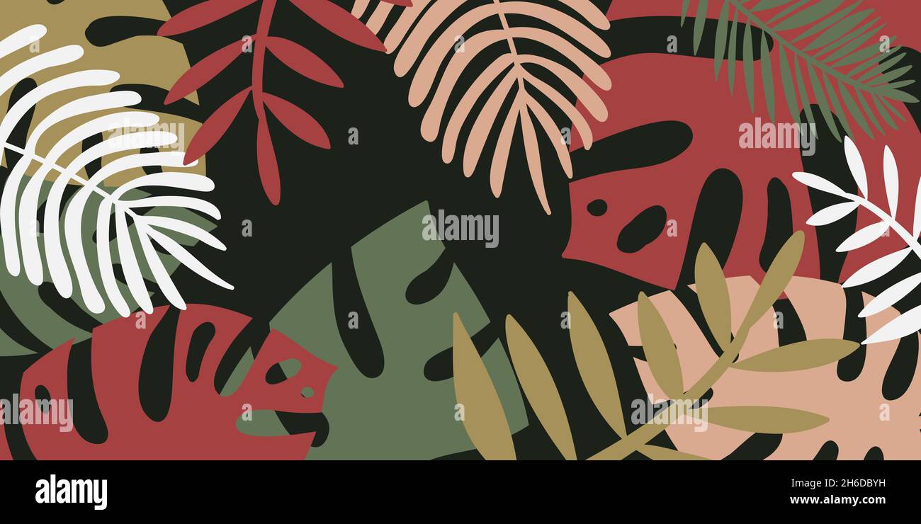 Tropical dark background, monstera palm leaves, copy space vector. Composition of tropical leaves Stock Vector