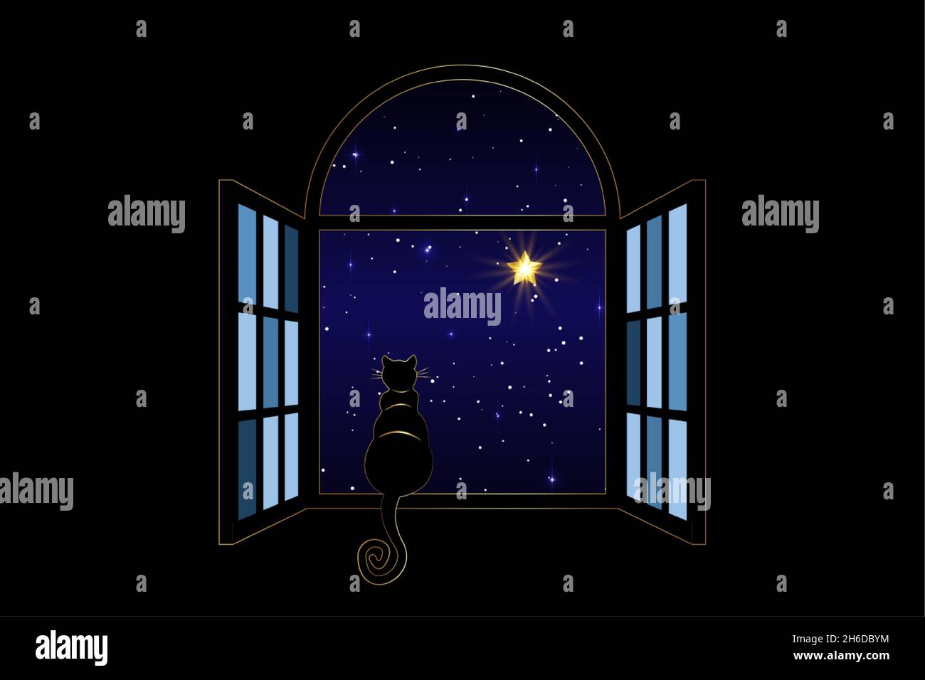 Black Cat sitting on the window at night look at the night sky and the shining stars, Sirius star, vector illustration Stock Vector