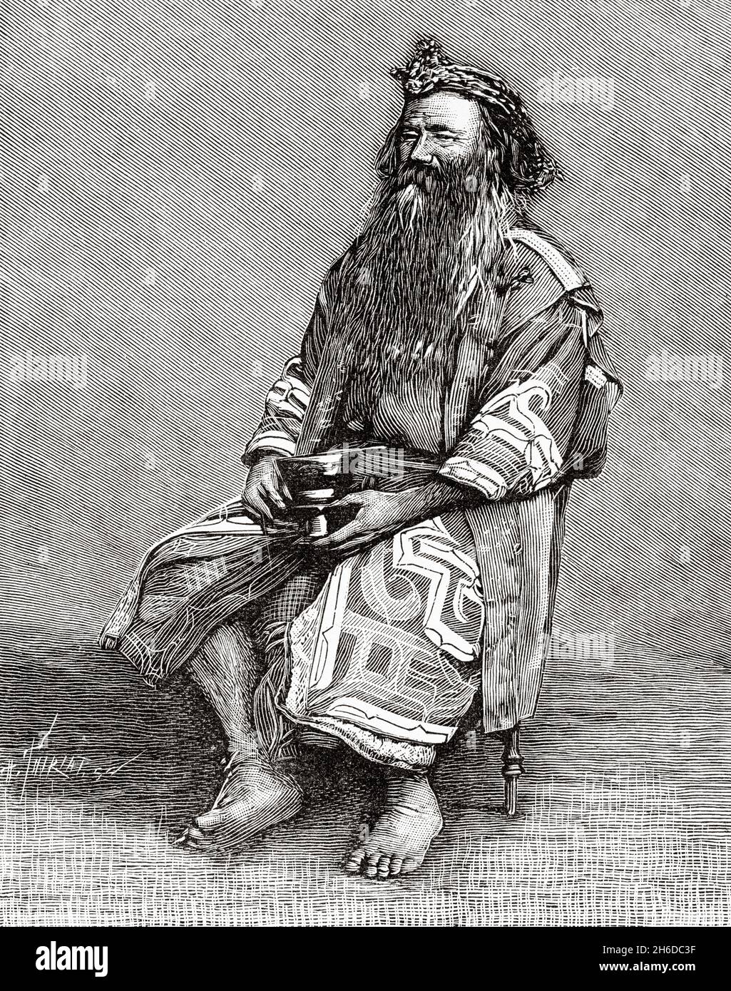 The Ainus. Ainos are an ethnic group indigenous to Hokkaido and northern Honshu, in the northern part of Japan, as well as the Kuril Islands and the southern half of the island of Sakhalin in Russia. They are also known as ezo or yezo, Japan, Asia. Old 19th century engraved illustration from La Nature 1897 Stock Photo