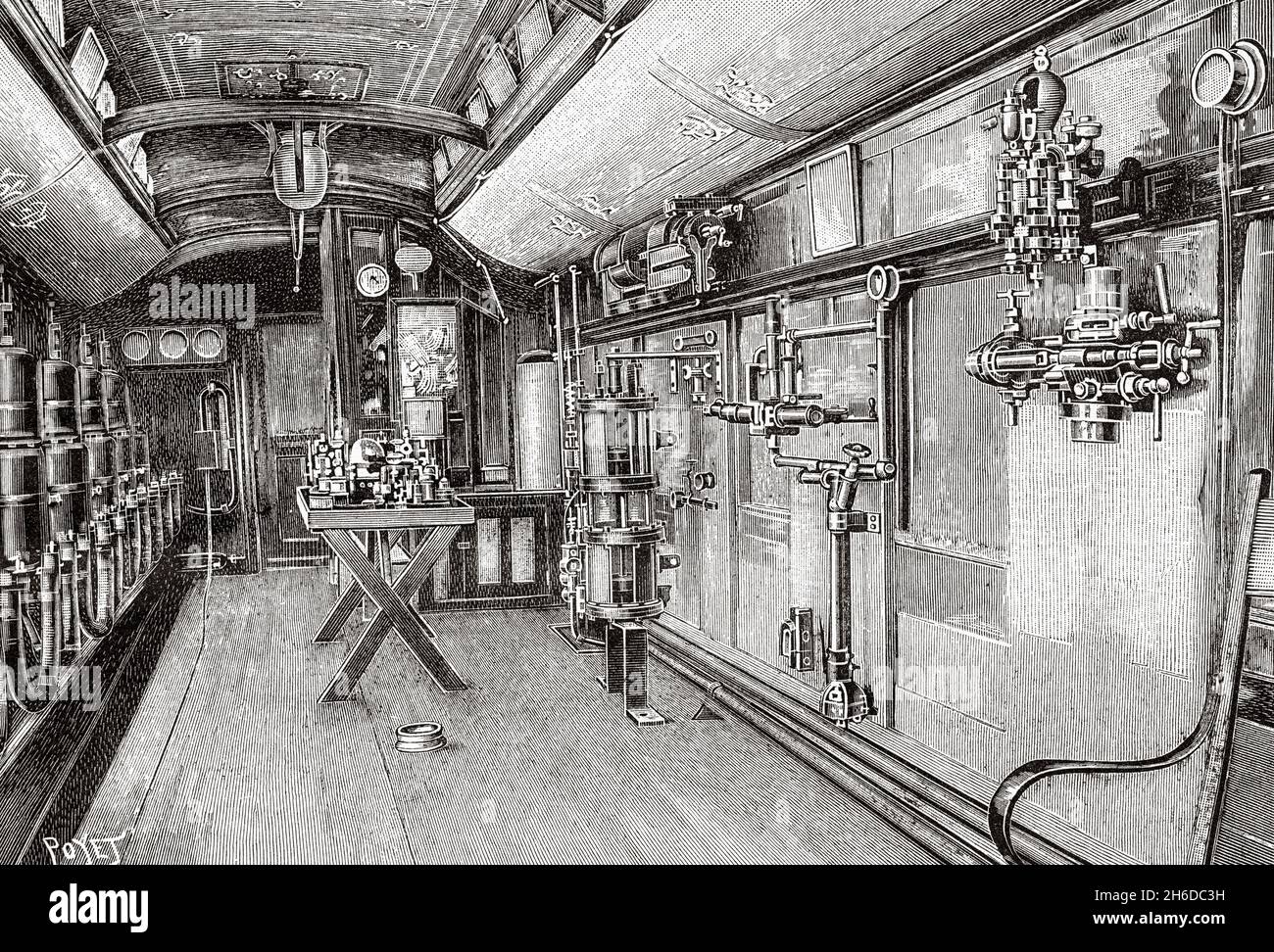 Interior of American school car train, United States. Old 19th century engraved illustration from La Nature 1897 Stock Photo