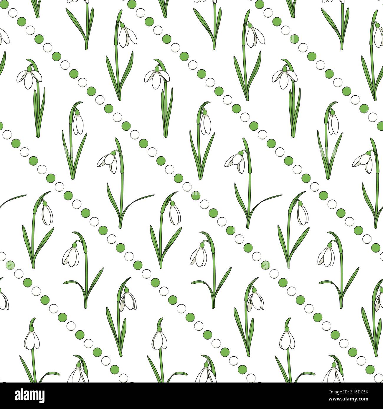 Colored seamless pattern with snowdrops, white and green beads. Vector background. Stock Vector