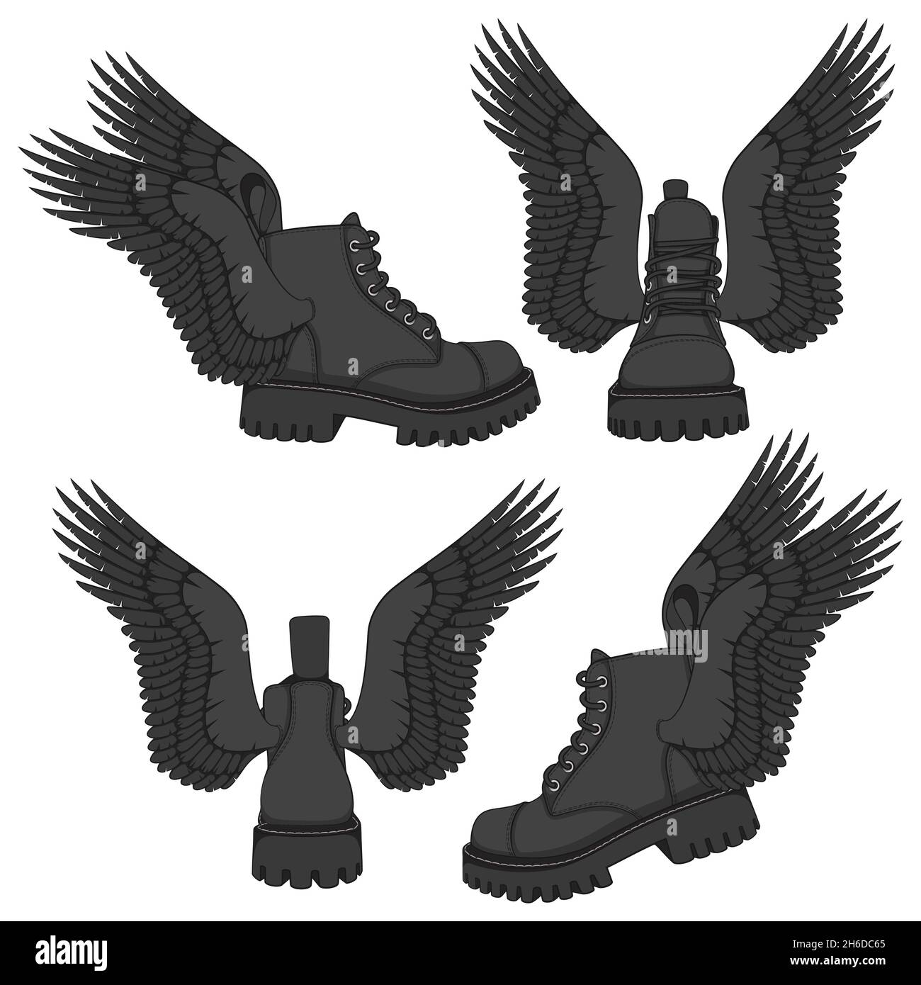 Set of color illustrations of black boots with wings. Isolated vector