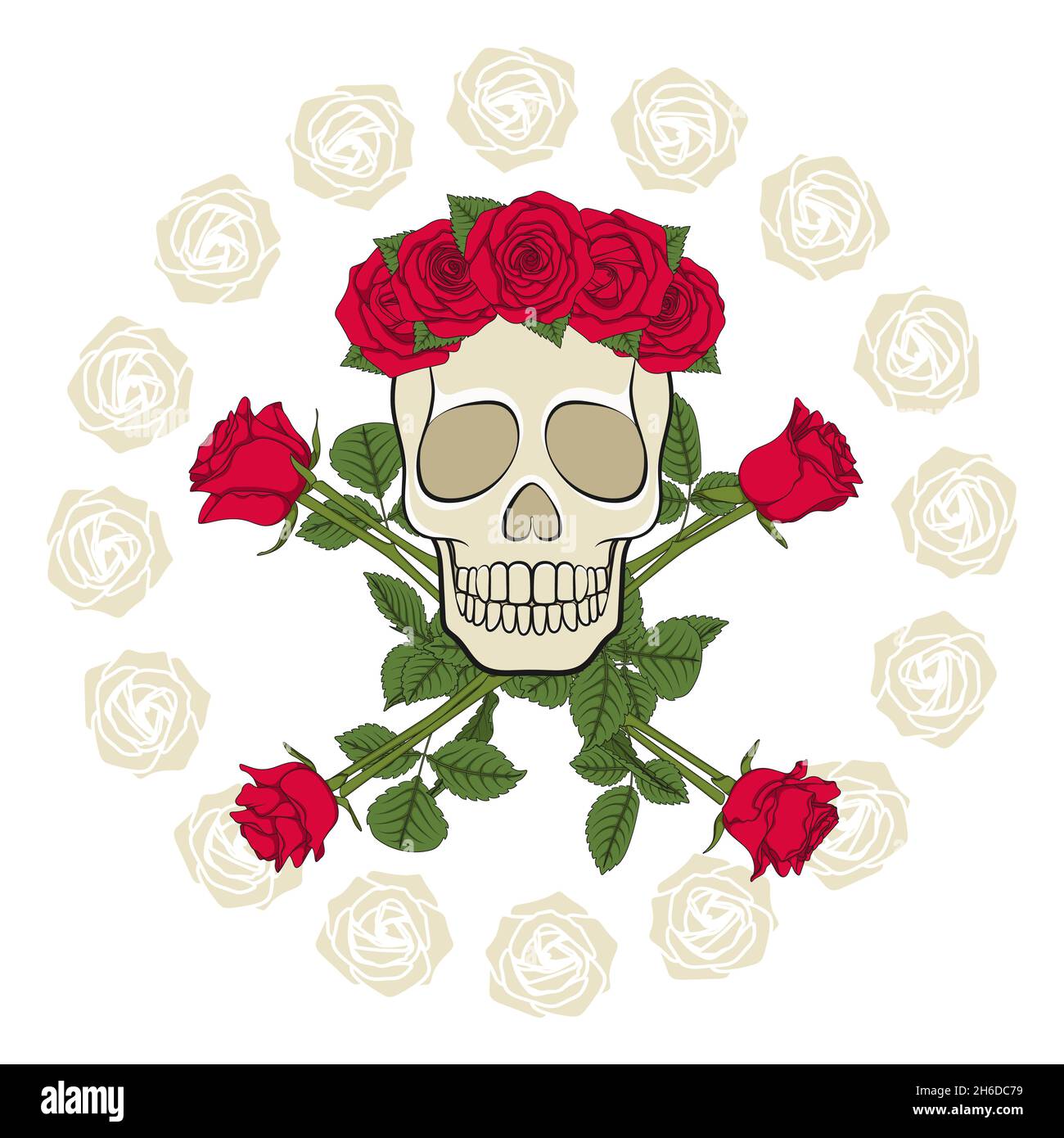 Skull And Roses With Ribbon Skull in a wreath, decorated with red roses. Isolated colored vector ...