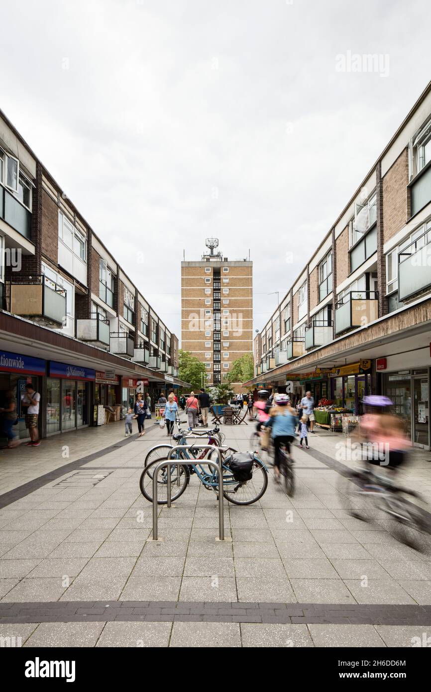 Queensway, looking towards The Towers, Stevenage, Hertfordshire, 2017. General view looking south along Queensway towards The Towers apartment block, with bicycles parked in the foreground. Stock Photo