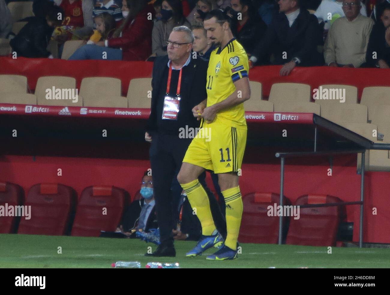 Zlatan Ibrahimovic and Coach Janne Andersson of Sweden during the FIFA World Cup 2022, Qualifiers Group B football match between Spain and Sweden on November 14, 2021 at La Cartuja stadium in Sevilla, Spain. Photo by Laurent Lairys/ABACAPRESS.COM Stock Photo