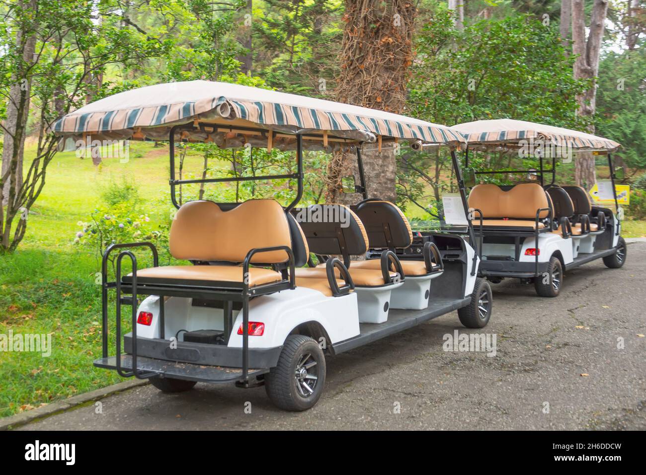 Two cars in the park. Electric car. Tourist bus. Car for transporting