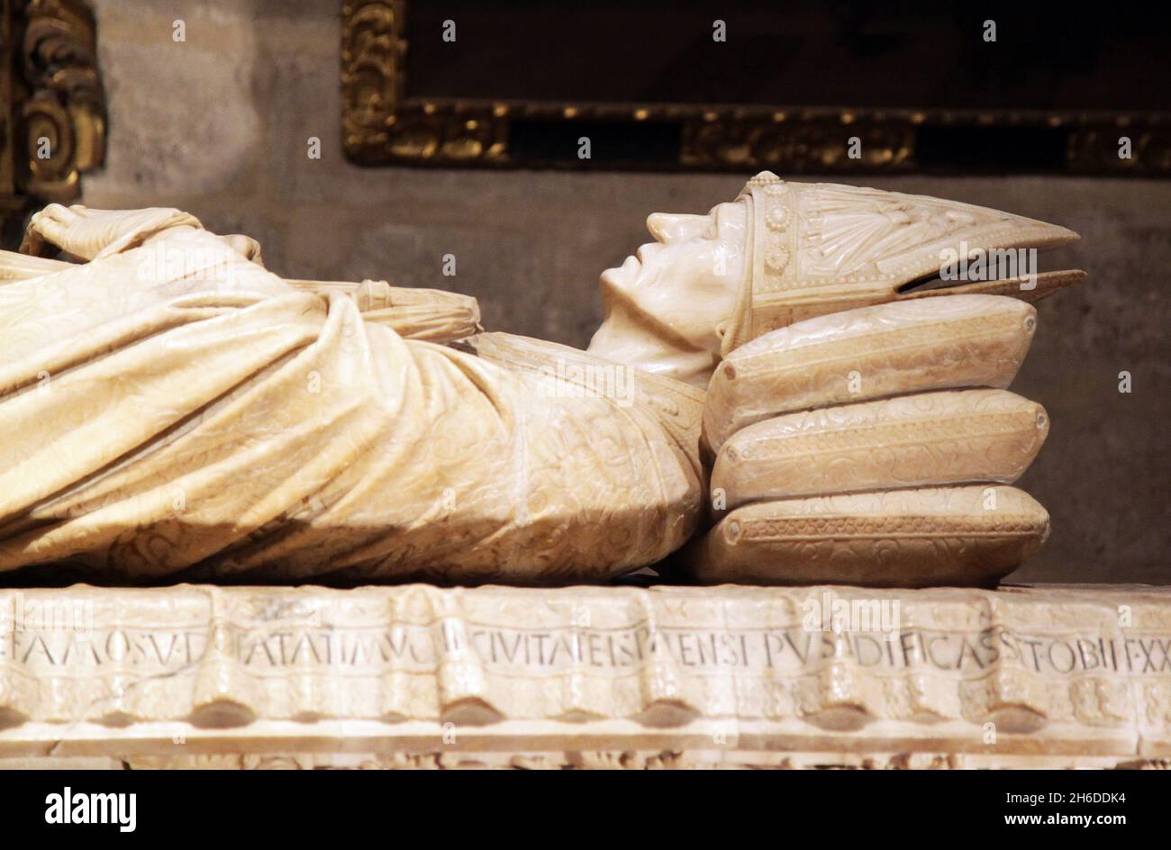 Sepulchre of Cardinal Sir Juan de Cervantes,built in alabaster by Lorenzo Mercadante de Bretana between 1453 and 1458. Stock Photo