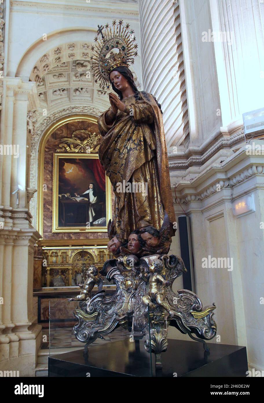 Immaculate Conception of the main sacristy of the Cathedral of Seville   (1658) by the sculptor Alonso Martinez.(1612 - 1668 ) Alonso was a Baroque sculptor who worked mainly in the cities of Cádiz and Seville. Stock Photo