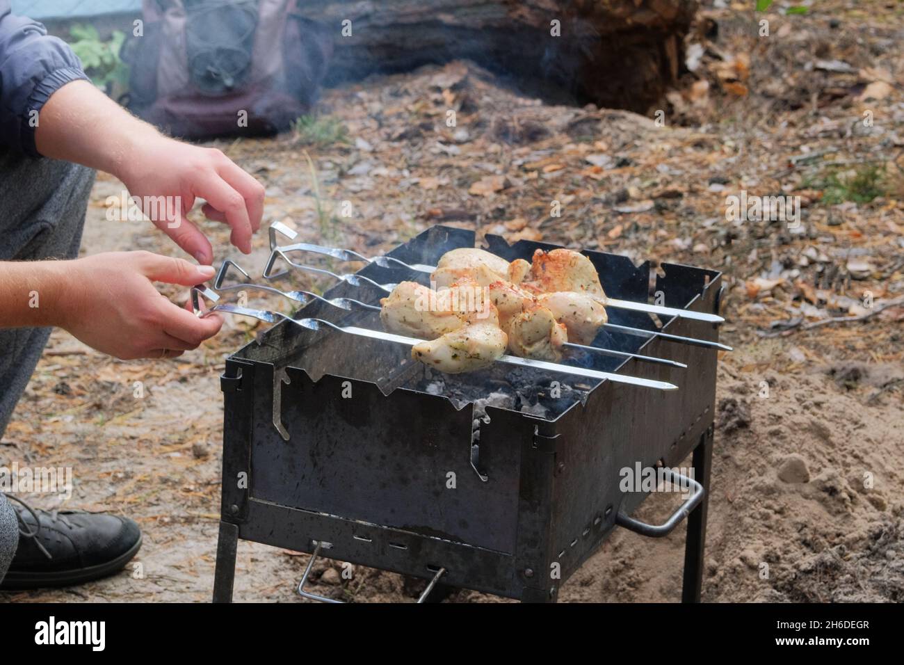 Chicken meat is fried on skewers over an open fire in nature. Shish