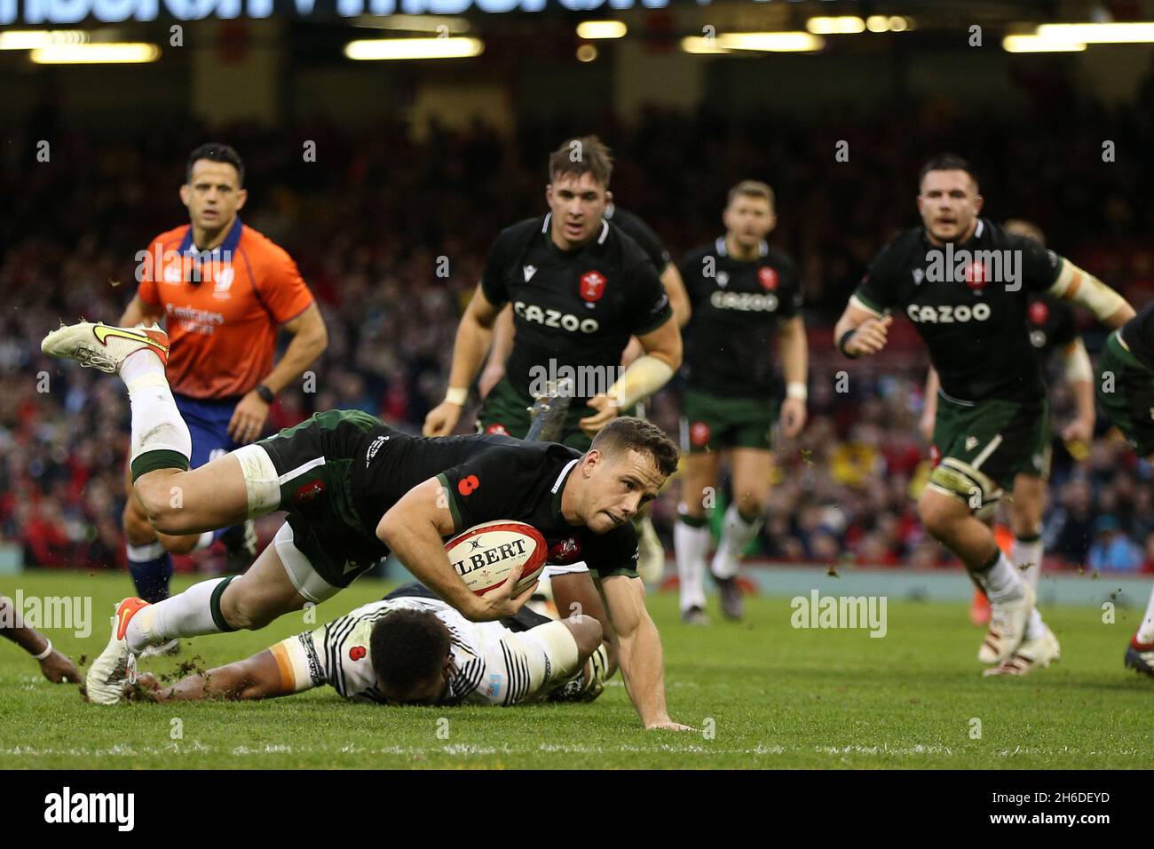 Cardiff, UK. 14th Nov, 2021. Kieran Hardy of Wales scores his teams 2nd ...