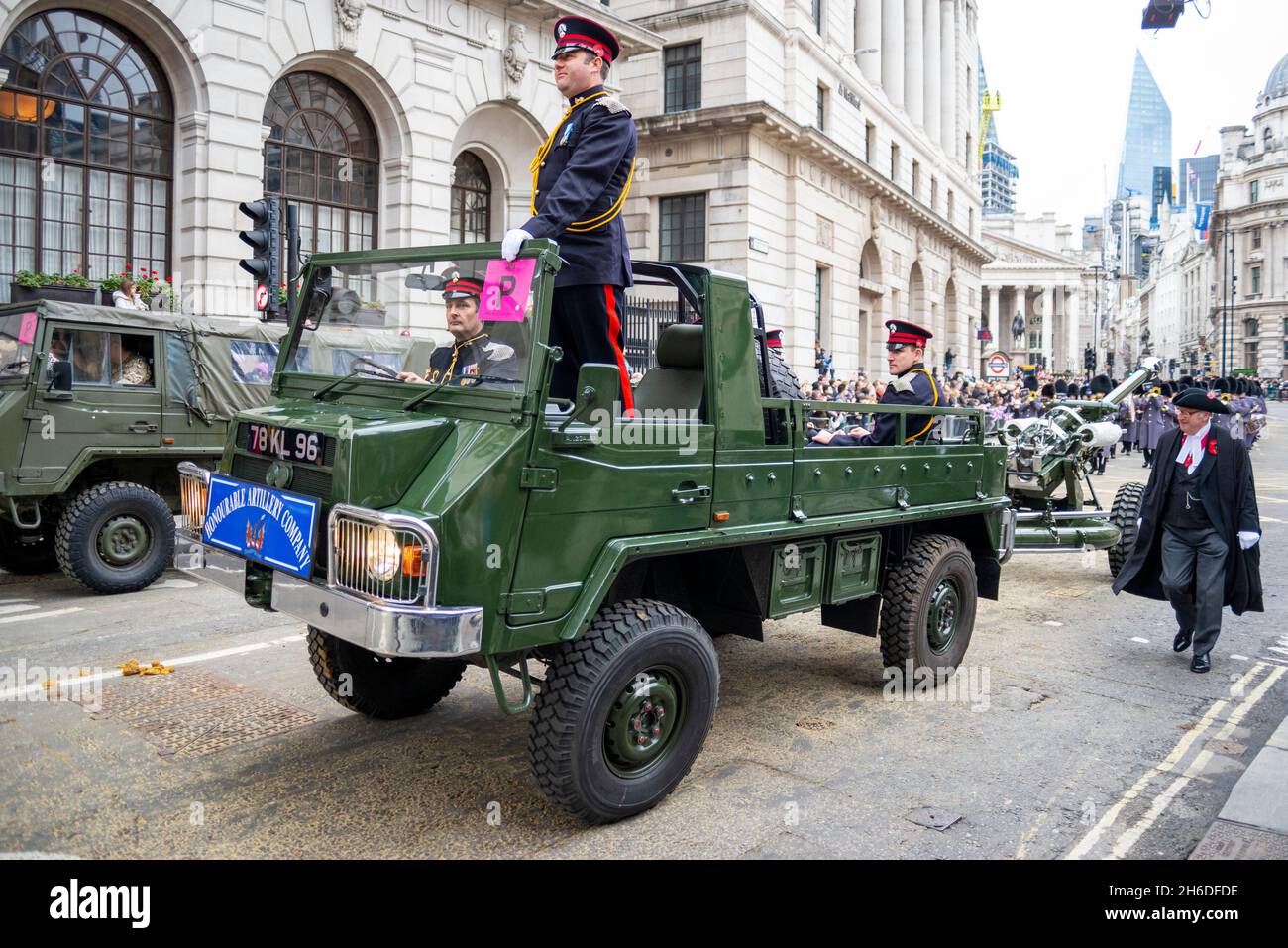 The Honourable Artillery Company vehicles at the Lord Mayor's Show, Parade, procession passing along Poultry, near Mansion House, London, UK Stock Photo