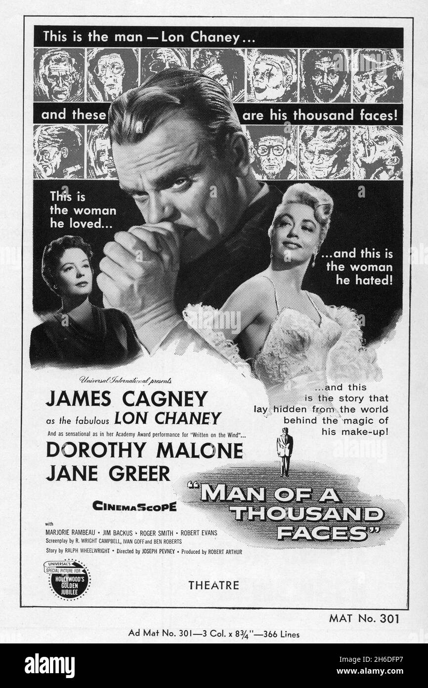 JAMES CAGNEY as Lon Chaney DOROTHY MALONE and JANE GREER in MAN OF A THOUSAND FACES 1957 director JOSEPH PEVNEY story Ralph Wheelwright music Frank Skinner make up artists Jack Kevan and Bud Westmore Universal International Pictures (UI) Stock Photo