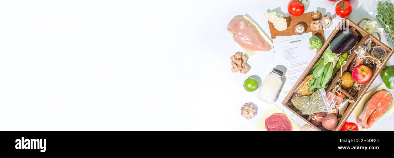 Meal Kit Delivery Concept. Set various healthy dishes food ingredients ...