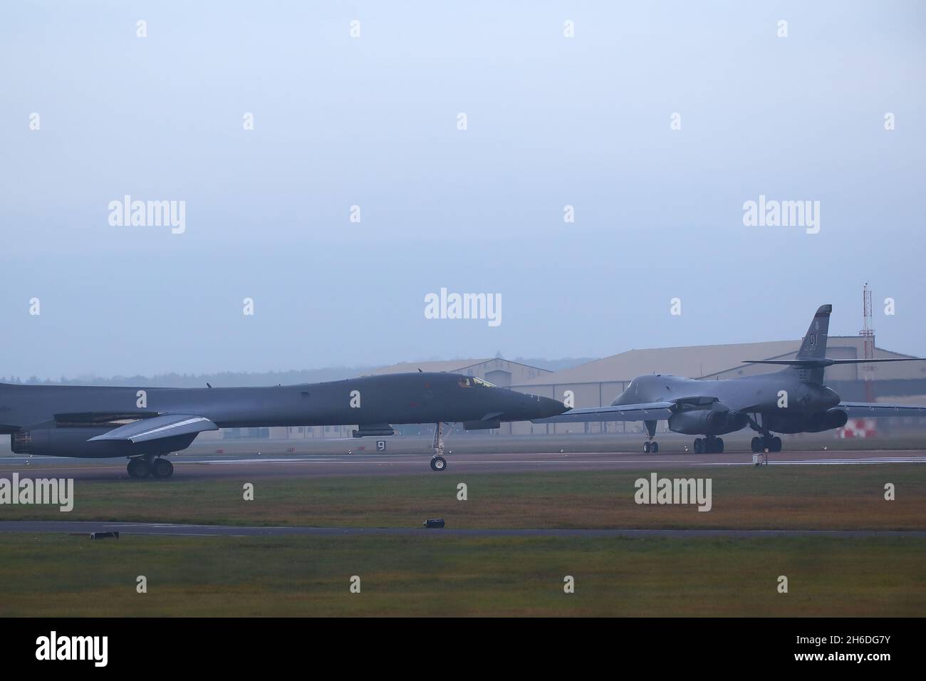 Fairford, UK. 15th Nov, 2021. The last two of a contingent of US Air force B-1 strategic bombers leave RAF Fairford to return to the USA after completing their bomber task force mission in Europe. Credit: Uwe Deffner/Alamy Live News Stock Photo