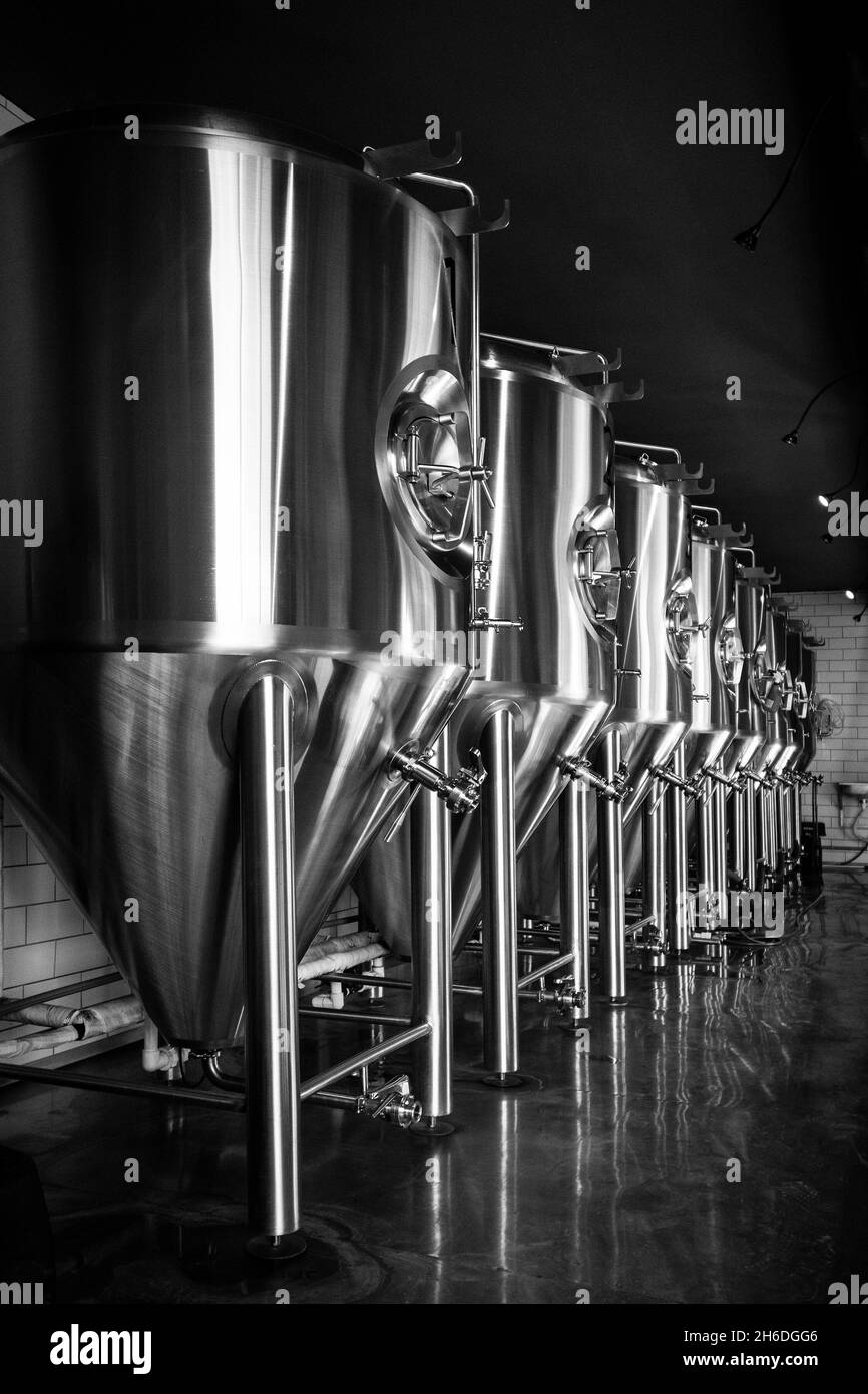 Modern german beer brewery industrial manufacturing equipment in black and white Stock Photo
