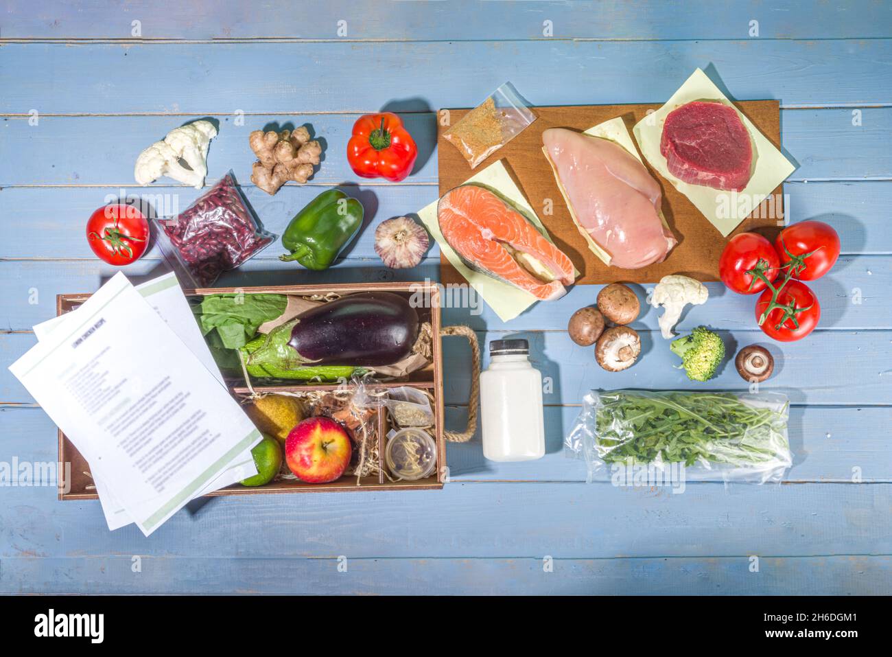 Meal Kit Delivery Concept. Set various healthy dishes food ingredients ...