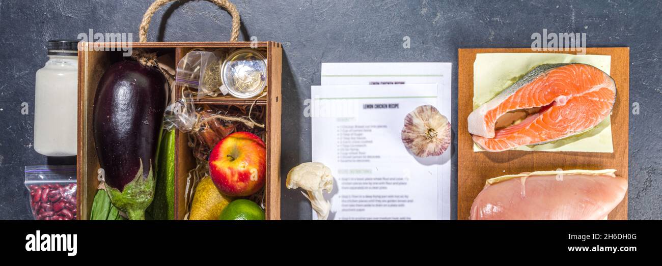 Meal Kit Delivery Concept. Set various healthy dishes food ingredients ...