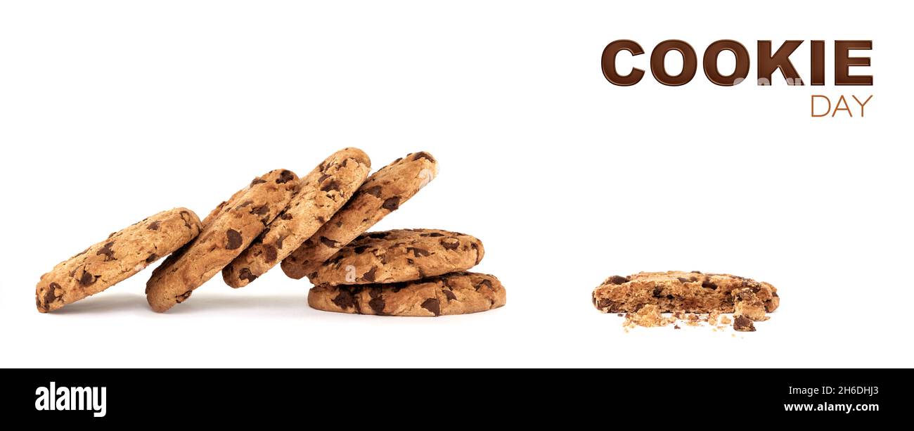 Cookie day banner. Side view on collapsed stack of six yummy chocolate