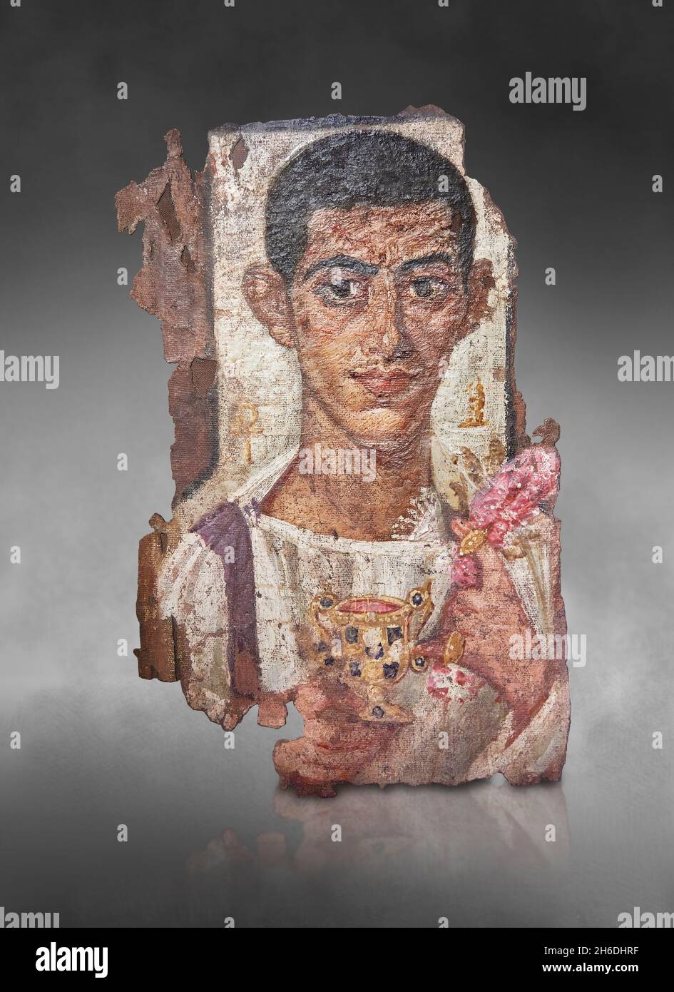 Roman Egyptian shroud mummy portrait fragment, 200 - 299 AD, Antinopolis. Louvre Museum  E 12581.  Mummy portrait of a man (tunic, shaved hair, pierce Stock Photo