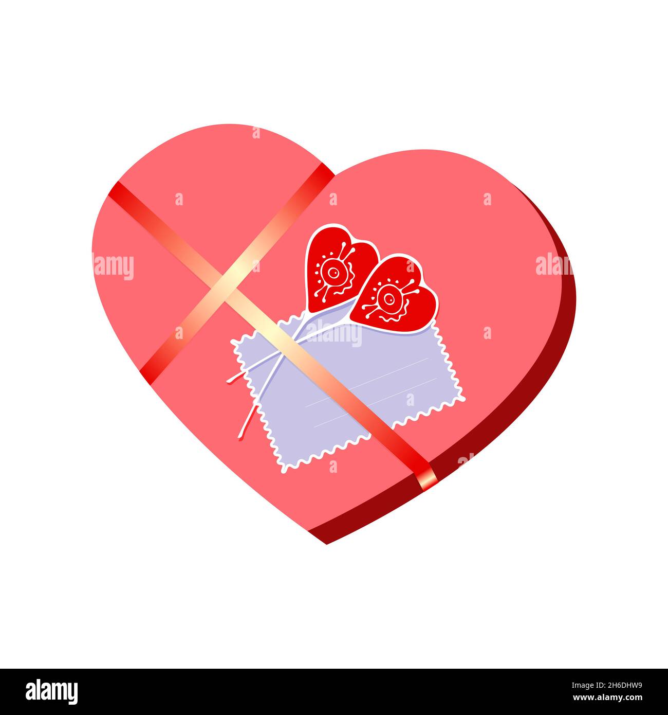 Gift present Valentines Day, Wedding, heart shaped box, ribbon, love, passion, heart doodle. Isolated. White background. Stock Photo