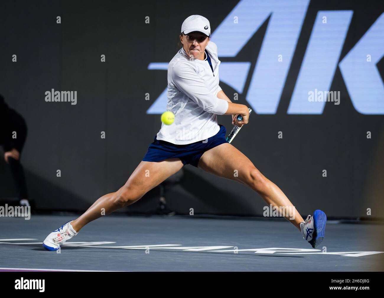 Iga Swiatek of Poland in action against Aryna Sabalenka of Belarus during  the second round robin match at the 2021 Akron WTA Finals Guadalajara,  Masters WTA tennis tournament on November 13, 2021