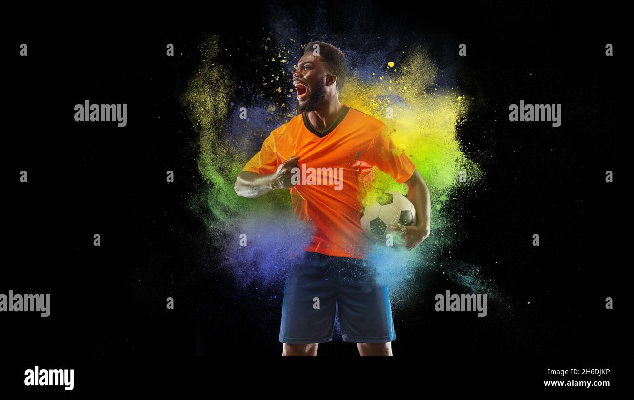 Collage with young sportsman, soccer football player in explosion of