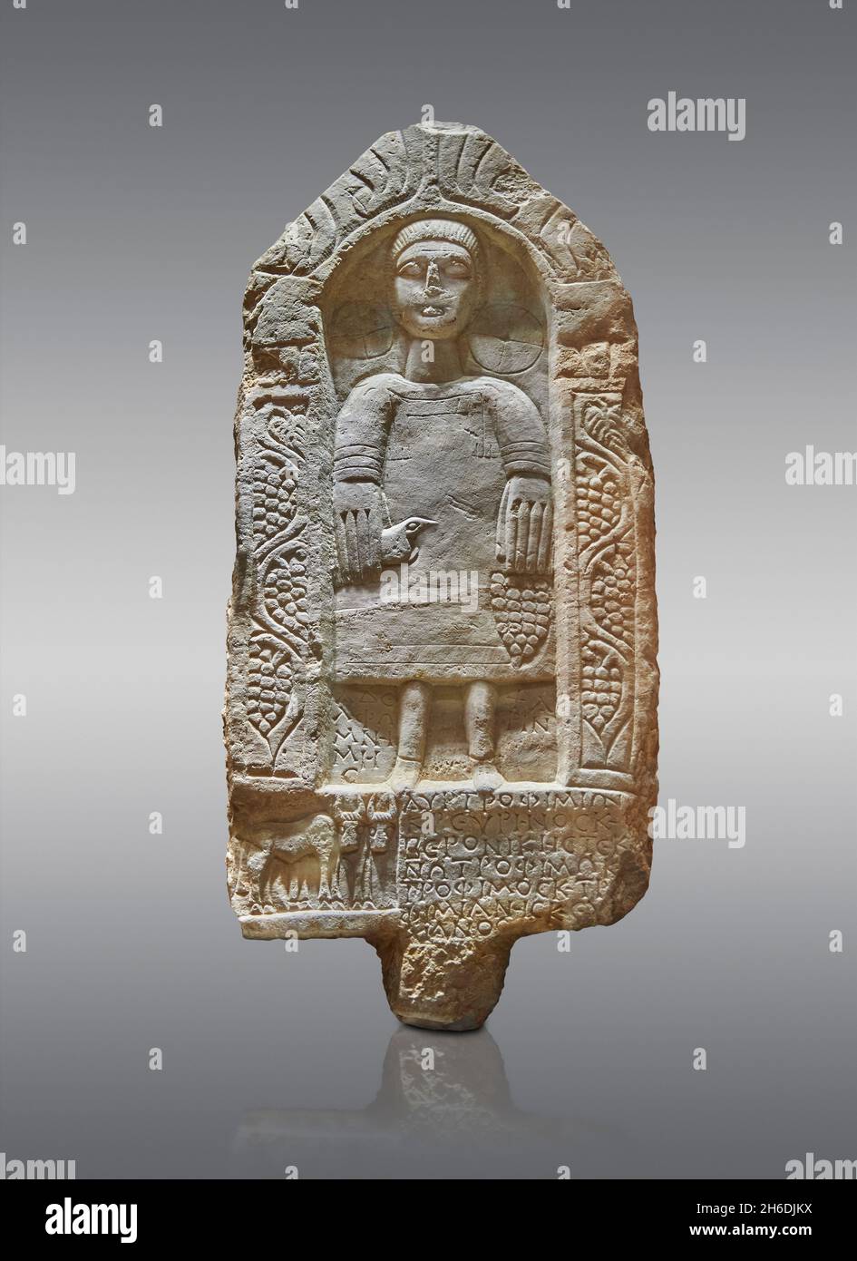Roman Phyrigian style doorstone funerary stele of Trophimos, 250-300 AD, K��tahya Turkey. Louvre Museum Ma 4529. Depicting a young man (tunic, shod, ho Stock Photo