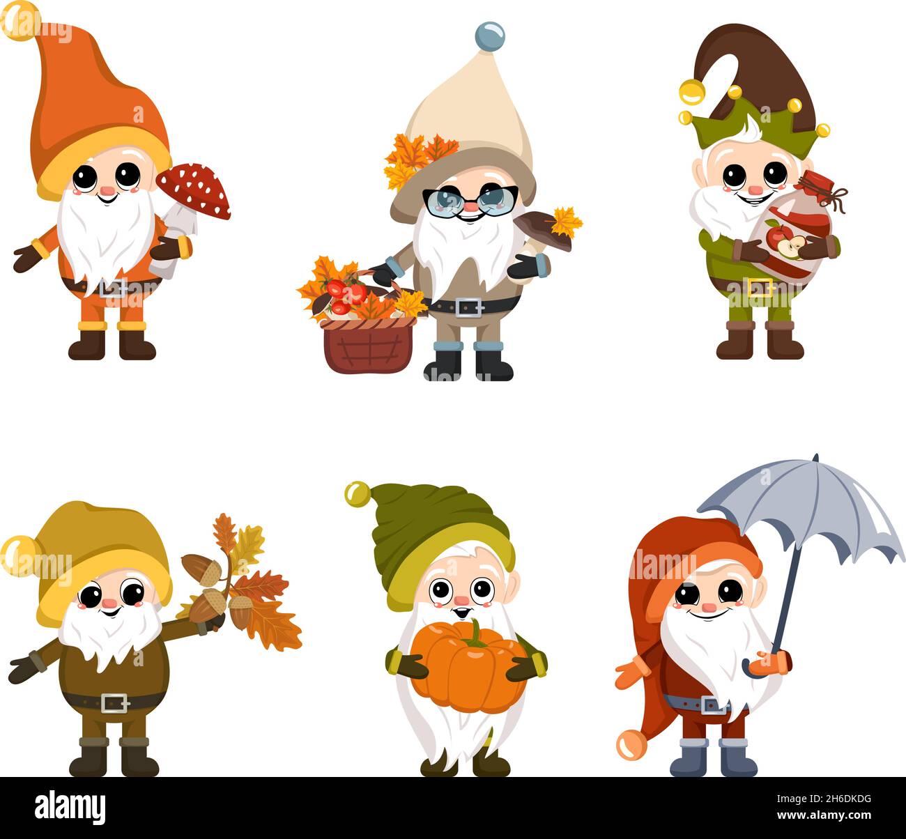 Set of little gnomes with long white beard, cheerful face with autumn items. Character for fall Harvest Festival, Thanksgiving, Home and garden decoration Stock Vector