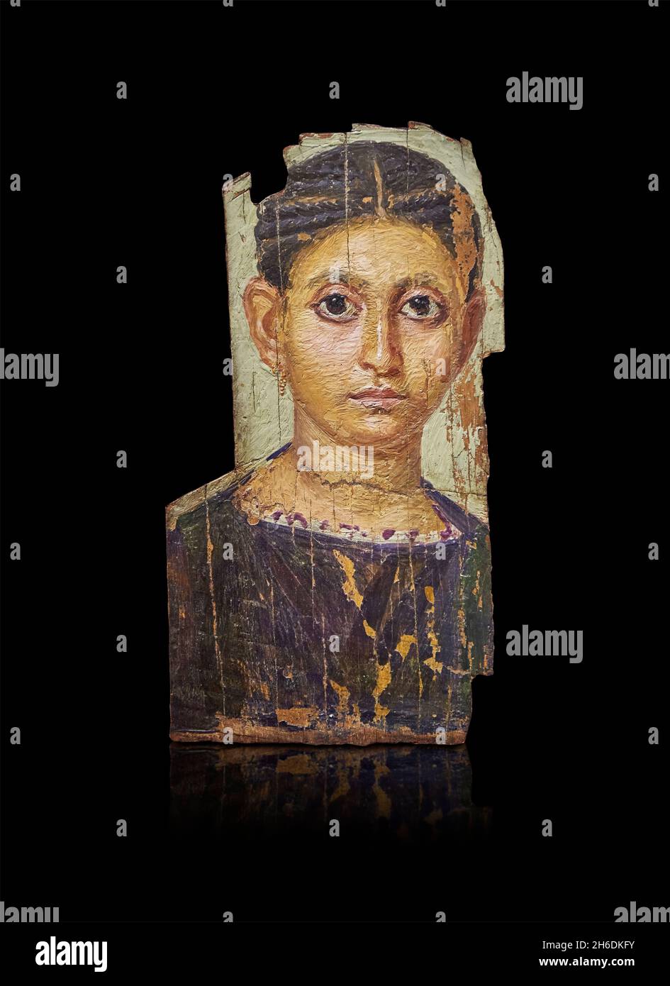 Roman Egyptian Fayum mummy portrait, 130 - 150 AD, Antinopolis. Louvre Museum AF 6884.  Mummy portrait of a woman (tunic, coat, earrings) (earrings in Stock Photo