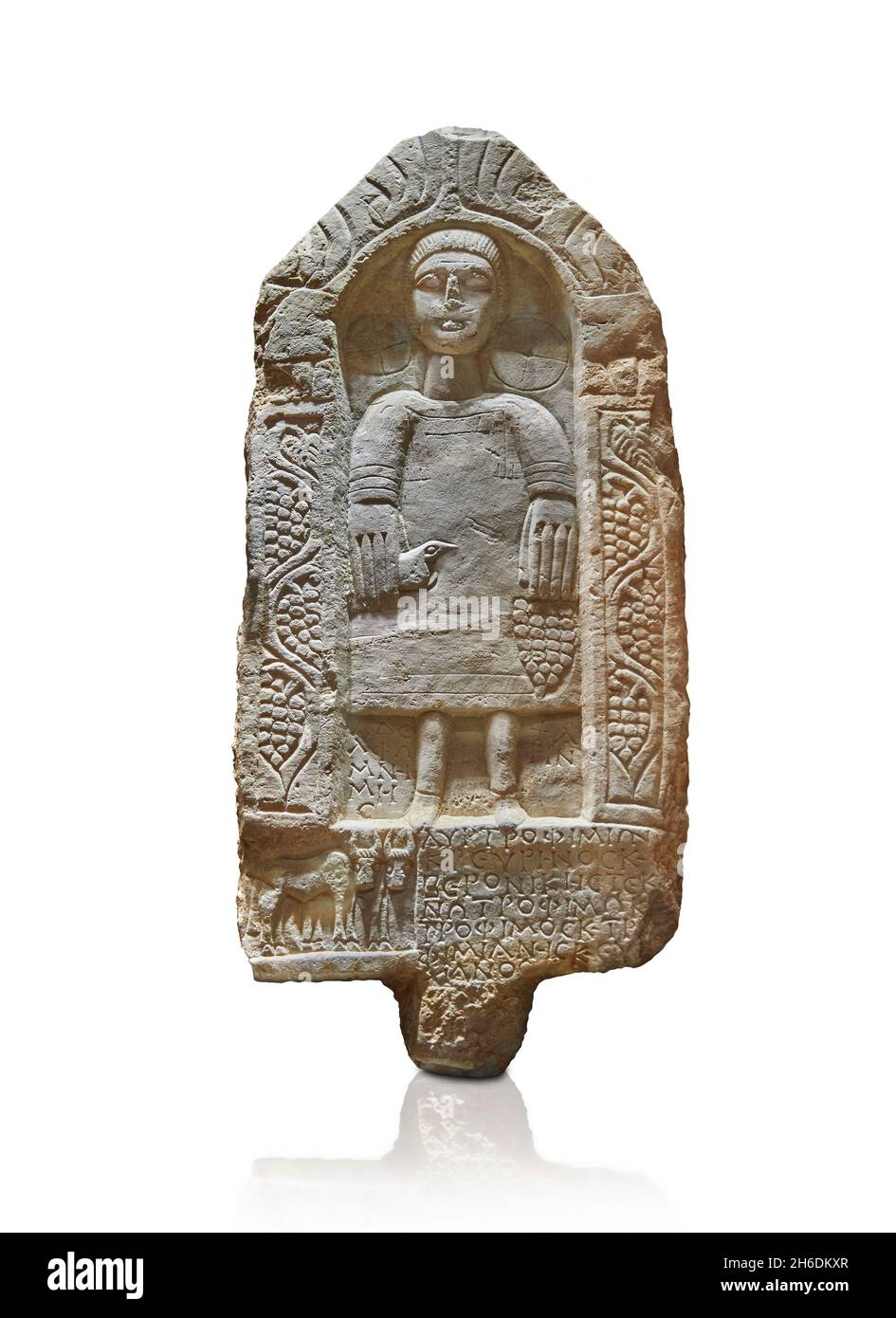 Roman Phyrigian style doorstone funerary stele of Trophimos, 250-300 AD, K��tahya Turkey. Louvre Museum Ma 4529. Depicting a young man (tunic, shod, ho Stock Photo