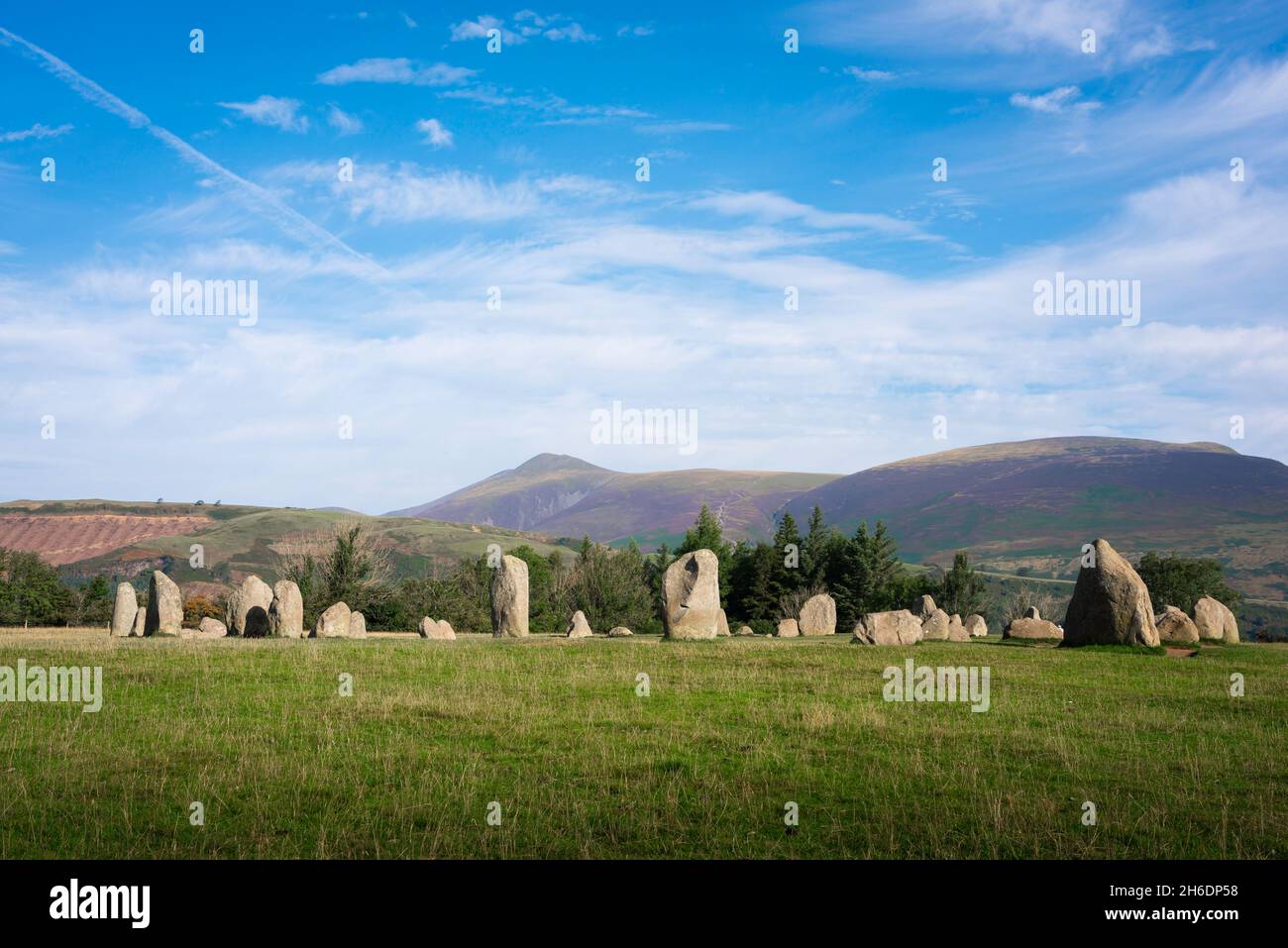 Ancient stone, view in summer of the Castlerigg Stone Circle, an ancient British monument composed of standing stones dated to 3000BC, Cumbria,England Stock Photo