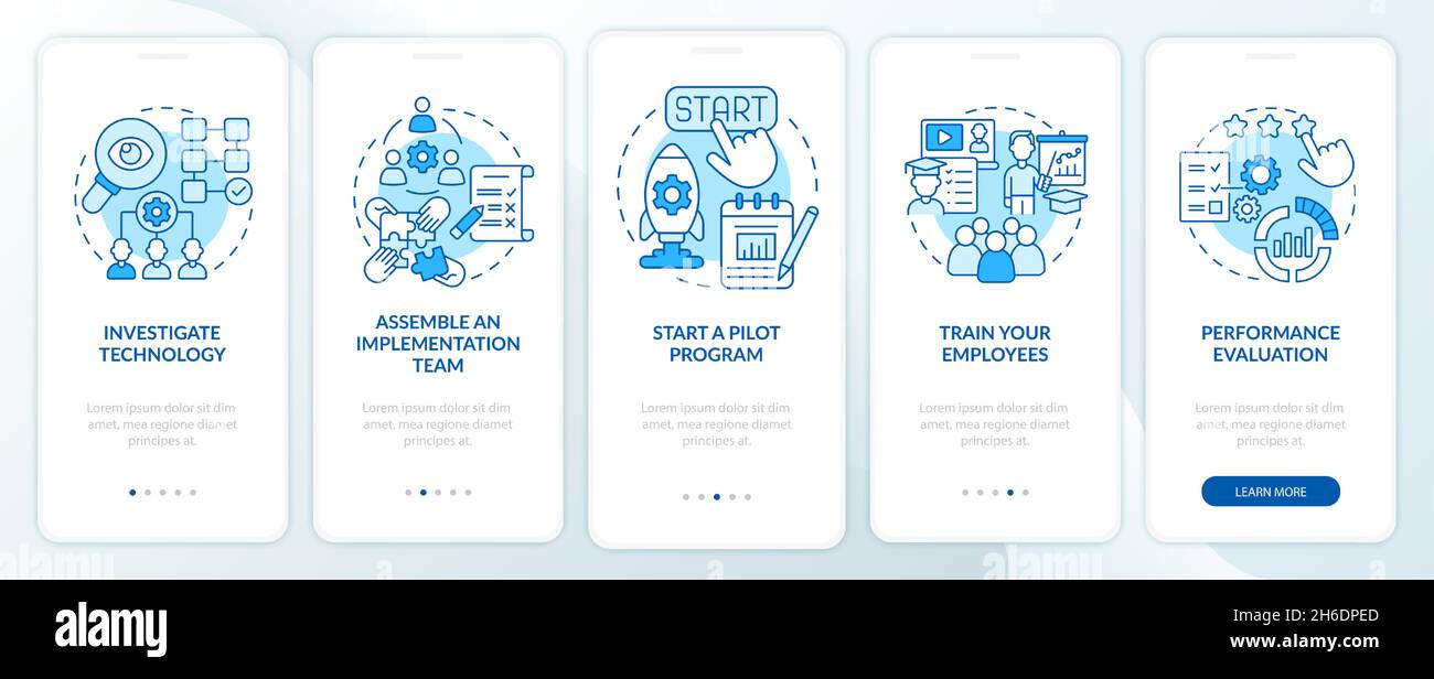Technology integration steps onboarding mobile app page screen Stock Vector
