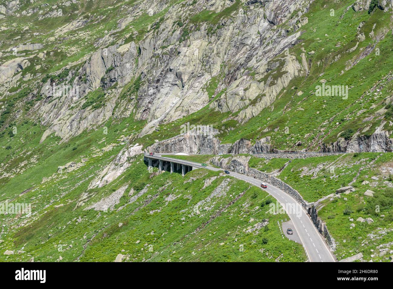 Landscape with Grimsel Pass road, Guttannen, Valais, Switzerland, Europe Stock Photo