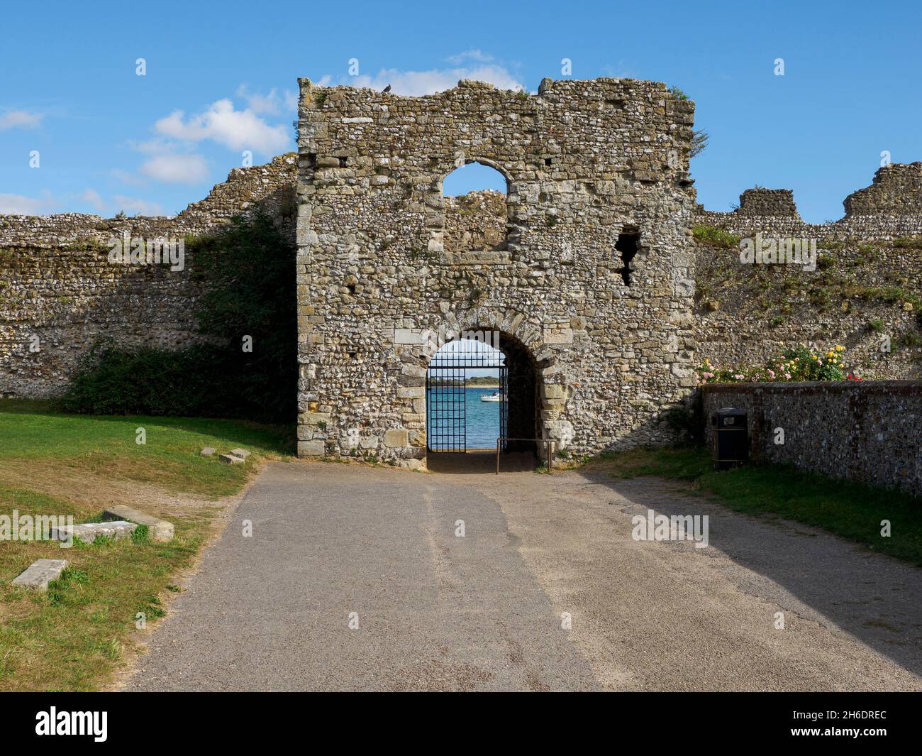 Looking through the rear gate out at Portsmouth Harbour, Portchester Castle, Portsmouth, Hampshire, UK Stock Photo