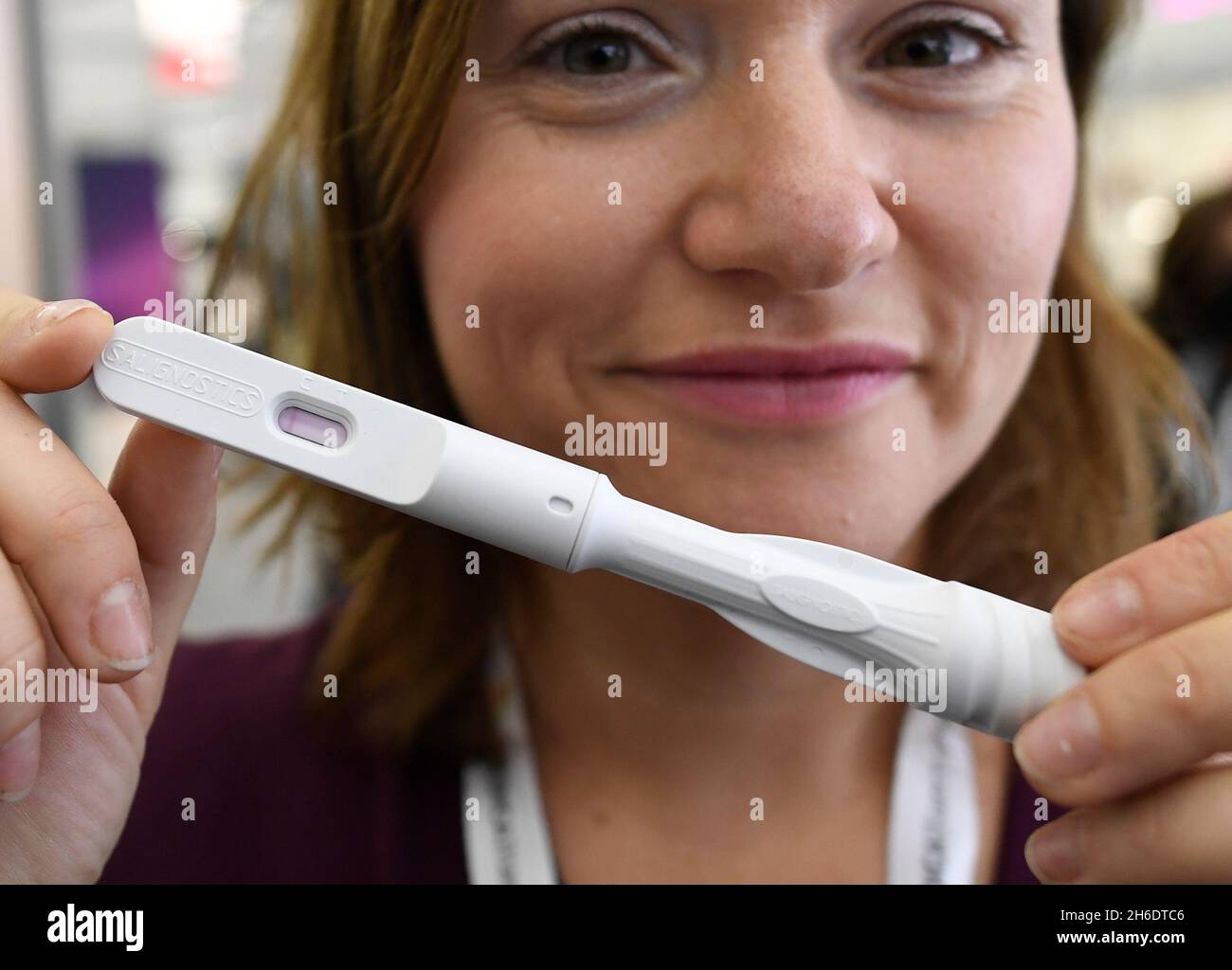 Duesseldorf, Germany. 15th Nov, 2021. The Israeli company Salignostics is  presenting a pregnancy test (SaliStick) at Medica that works with saliva.  Stick in the mouth and after a few minutes the woman