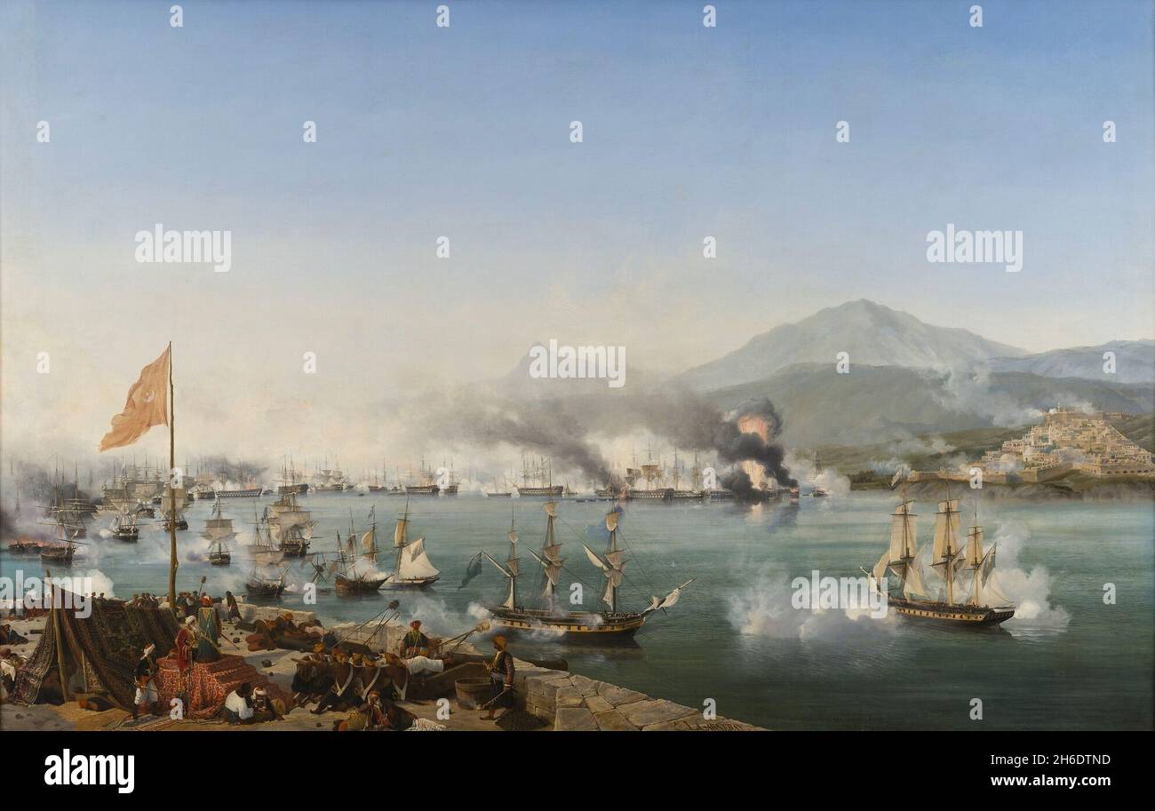 The Naval Battle of Navarino (1827). Painting by Ambroise Louis Garneray. The Battle of Navarino was a naval battle fought on 20 October (O. S. 8 October) 1827, during the Greek War of Independence (1821–32), in Navarino Bay (modern Pylos), on the west coast of the Peloponnese peninsula, in the Ionian Sea. Allied forces from Britain, France, and Russia decisively defeated Ottoman and Egyptian forces which were trying to suppress the Greeks, thereby making Greek independence much more likely. An Ottoman armada which, in addition to Imperial warships, included squadrons from the eyalets (provinc Stock Photo