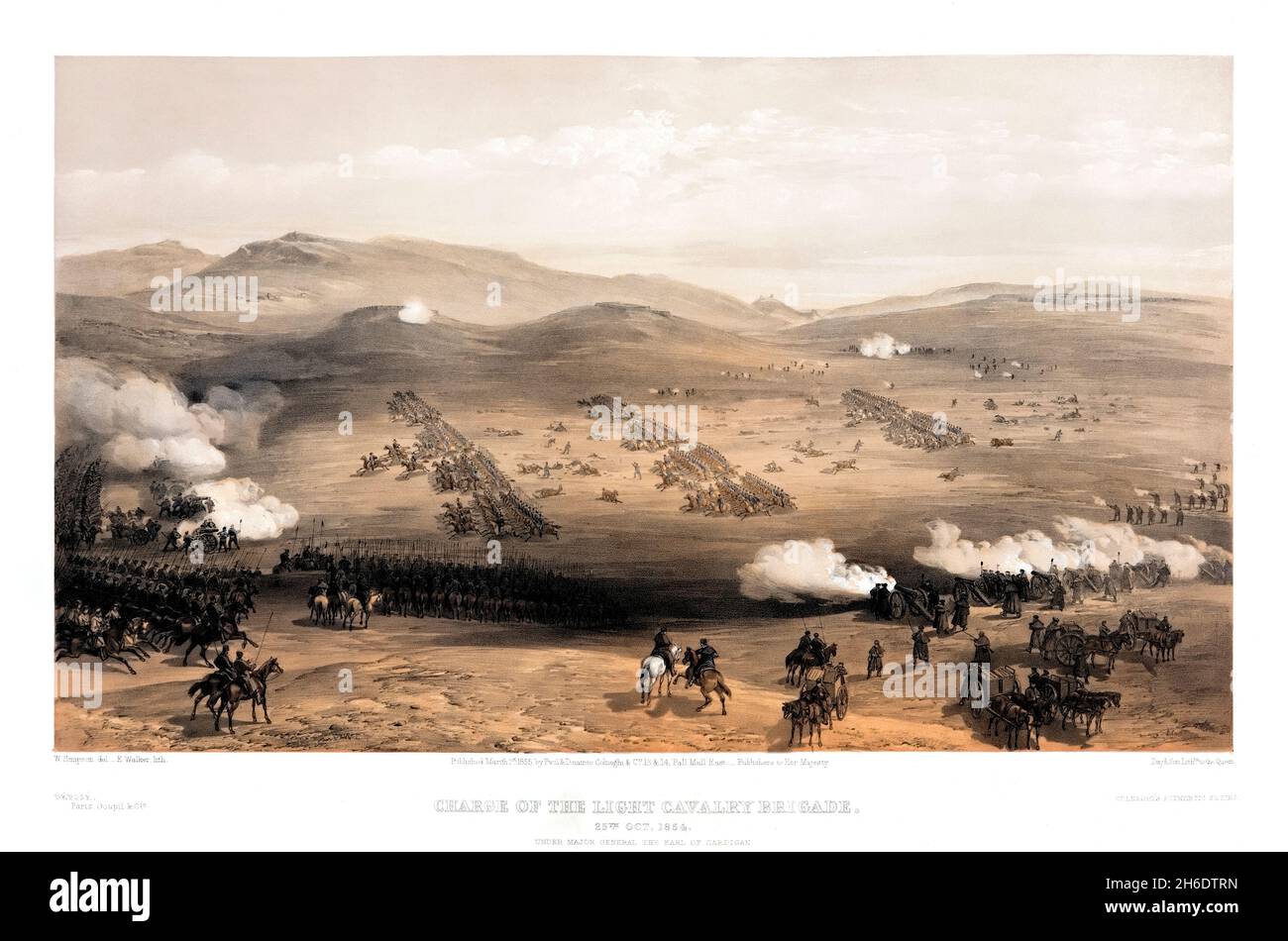 Charge of the light cavalry brigade, 25th Oct. 1854, under Major General the Earl of Cardigan. The Charge of the Light Brigade at Balaklava by William Simpson (1855), illustrating the Light Brigade's charge into the 'Valley of Death' from the Russian perspective Stock Photo