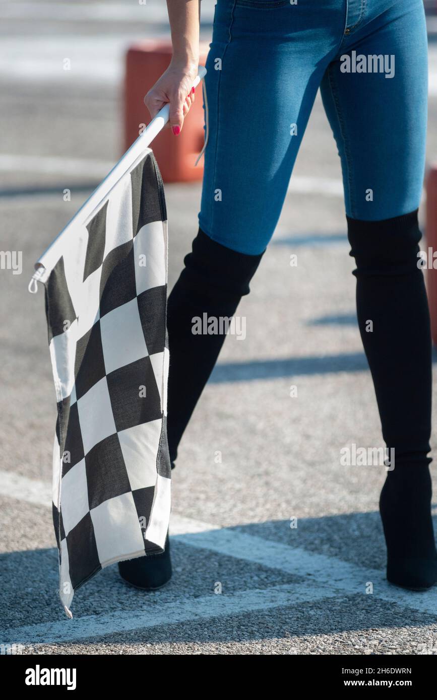 Starter Girl with Checkered Flag Stock Photo