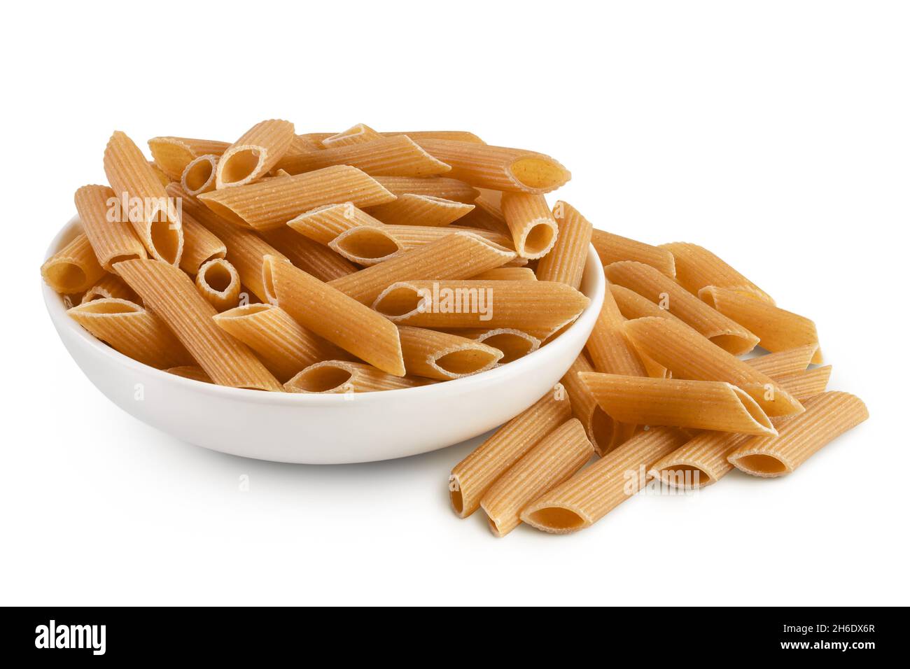 Wolegrain penne pasta from durum wheat isolated on white background with clipping path and full depth of field Stock Photo