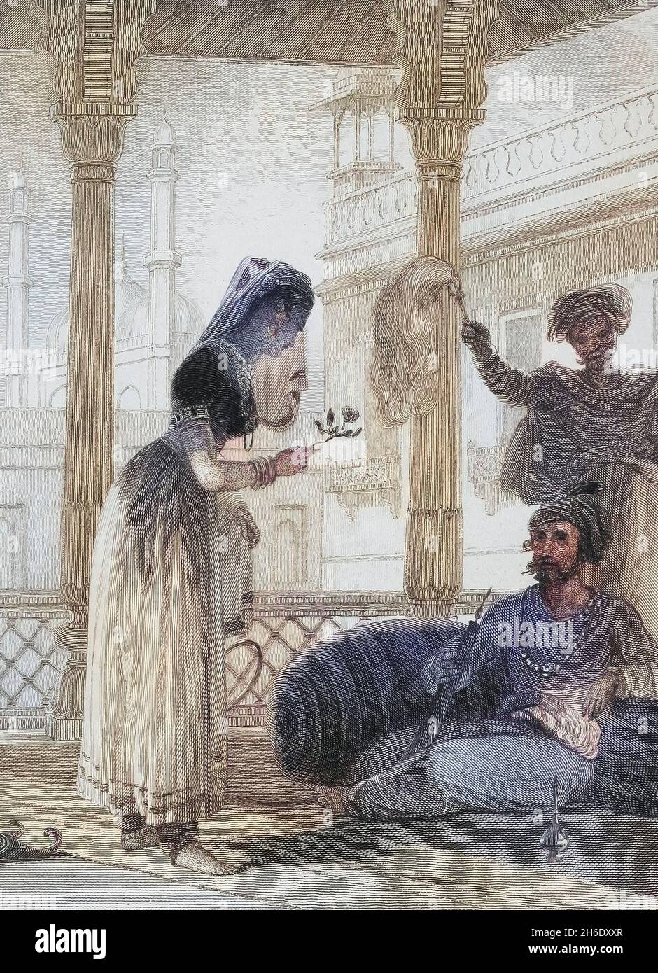 A Mohammedan Lady Presenting Her Lord A Rose From the book ' The Oriental annual, or, Scenes in India ' by the Rev. Hobart Caunter Published by Edward Bull, London 1838 engravings from drawings by William Daniell Stock Photo