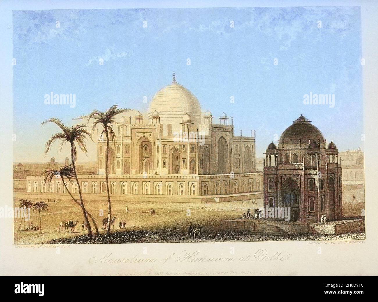 Machine colorised Mausoleum Of Humayoon [Humayun]  [Nasir-ud-Din Muḥammad (Persian: romanized: Nasīr-ad-Dīn Muhammad; 6 March 1508 – 27 January 1556), better known by his regnal name, Humayun (Persian: همایون, romanized: Humāyūn), was the second emperor of the Mughal Empire, who ruled over territory in what is now Afghanistan, Pakistan, Northern India, and Bangladesh from 1530 to 1540 and again from 1555 to 1556. Like his father, Babur, he lost his kingdom early but regained it with the aid of the Safavid dynasty of Persia, with additional territory. At the time of his death in 1556, the Mugh Stock Photo