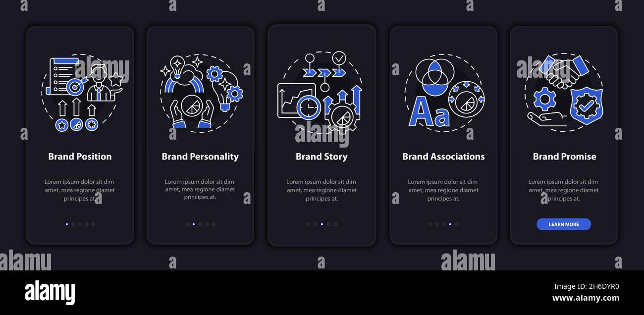 Key brand elements dark onboarding mobile app page screen Stock Vector ...