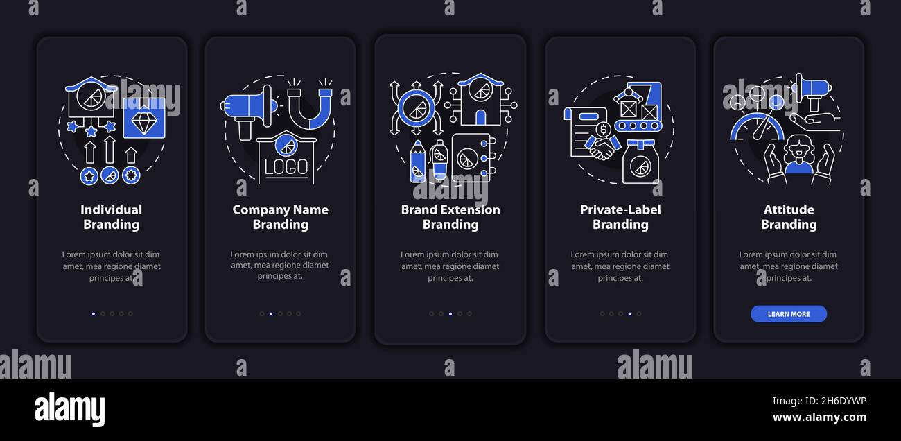 Types of branding strategies dark onboarding mobile app page screen ...