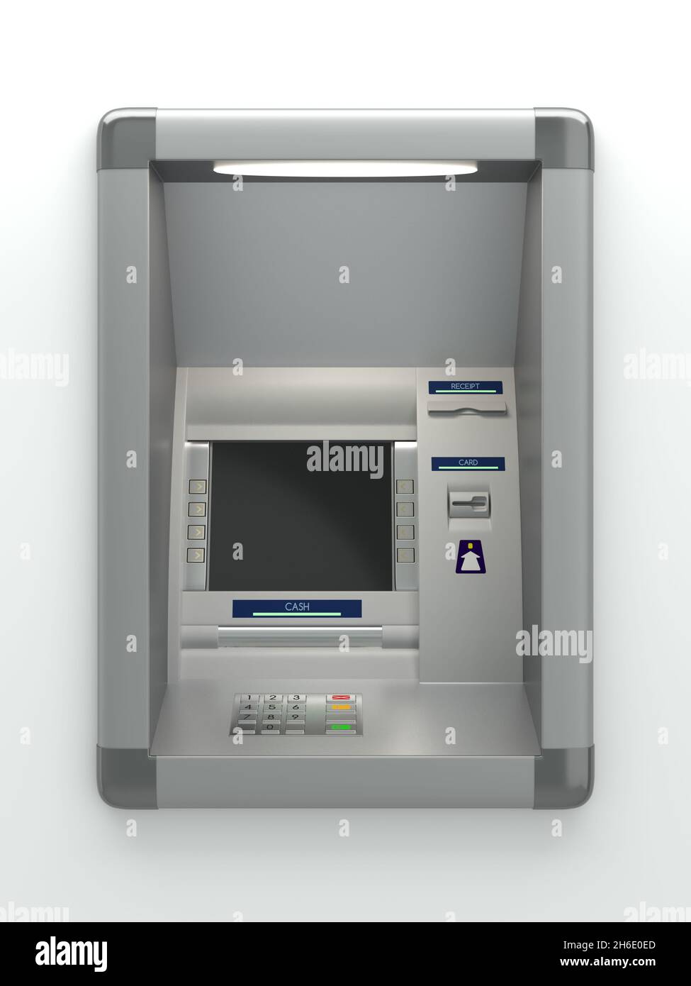 Atm machine with a card reader. Display screen, buttons, cash dispenser, receipt printer. Pin code safety, automatic banking, electronic cash withdraw Stock Photo